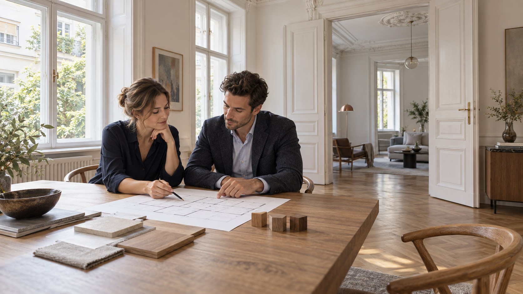 Paar entwickelt ein Immobilienvorhaben anhand eines Grundrisses